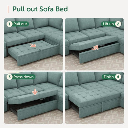 HONBAY Modular Sectional Sleeper Sofa with Pull Out Bed,U Shaped Couch with Storage Seat,Sectional Couches for Living Room,Blue