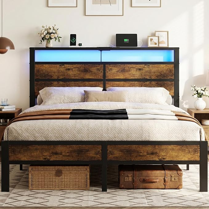 Queen Size Bed Frame with LED Lights, USB Type C Charging Headboard, Brown Metal Platform Bed with Storage Shelf, Noise Free Design, No Box Spring Needed
