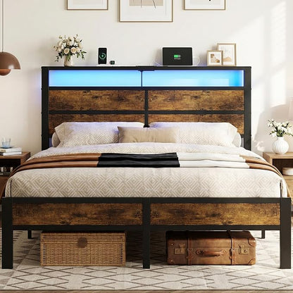 Queen Size Bed Frame with LED Lights, USB Type C Charging Headboard, Brown Metal Platform Bed with Storage Shelf, Noise Free Design, No Box Spring Needed