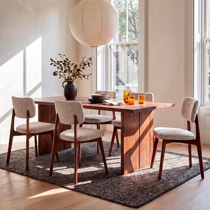COLAMY Dining Chairs Set of 4, Modern Upholstered Kitchen Room Chairs with Solid Red Oak Wood Legs, 5-Min Easy Assembly Anti-Wobble, High-Weight Fabric Farmhouse Side Chair, 300lbs,Walnut,Beige
