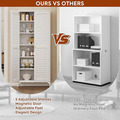Metal Kitchen Pantry Cabinet with 2 Doors,Metal Pantry Cabinet with 5 Adjustable Shelves for Kitchen,Home,74.2" H × 31.5" W × 15.75" D,Required Assembly, White