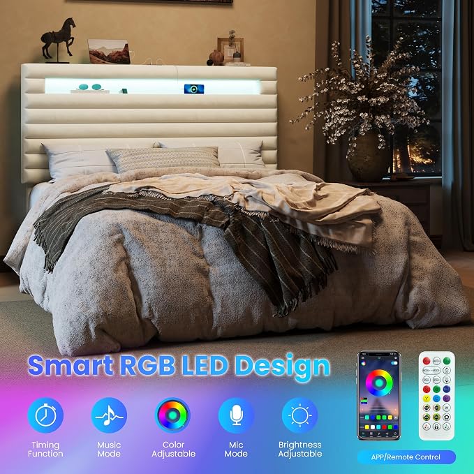 SHA CERLIN Full Bed Frame with LED Light & 2-Tier Storage Shelf, Velvet Upholstered Adjustable Headboard with Charing Station, Horizontal Channel Tufted, No Box Spring Needed, Easy Assembly, Cream