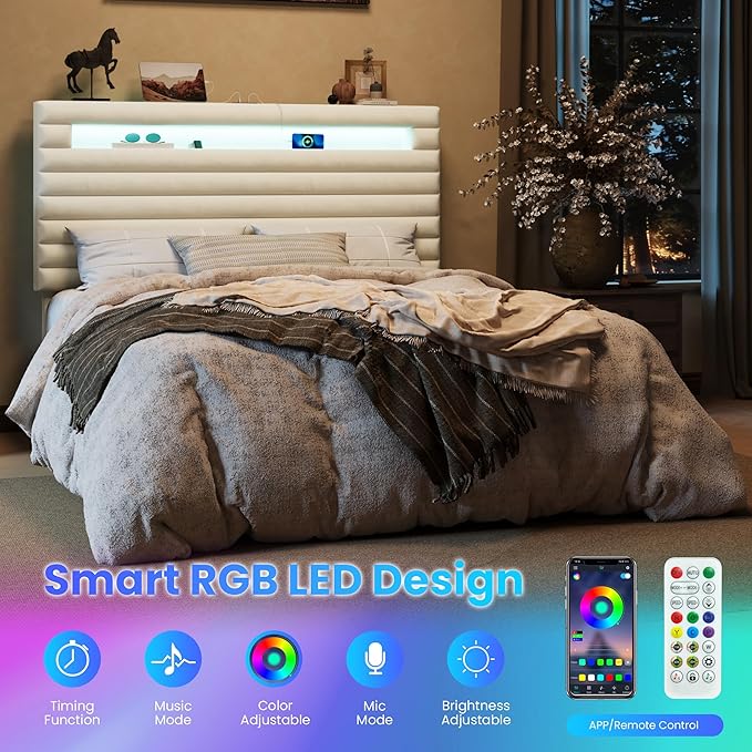 SHA CERLIN Queen Bed Frame with LED Light & 2-Tier Storage Shelf, Velvet Upholstered Adjustable Headboard with Charing Station, Horizontal Channel Tufted, No Box Spring Needed, Easy Assembly, Cream