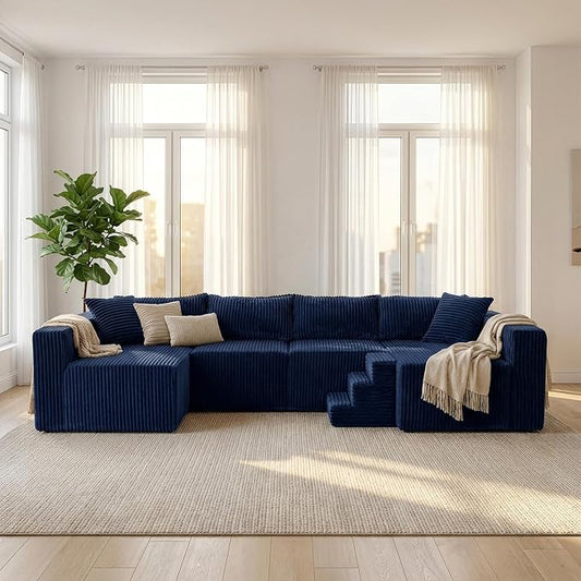 Claiks 128" Modular U Shaped Couch, Sectional Deep Seat Sofa with Pet Stair, Blue