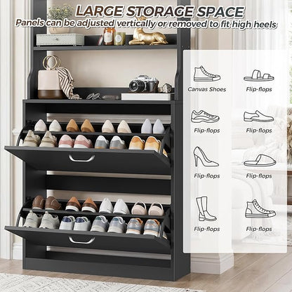 IRONCK Tall Shoe Cabinet with 2 Flip Drawers, Narrow Hidden Shoe Storage Cabinet with Shelves, Slim Freestanding Shoe Organizer for Entryway, Hallway, Black