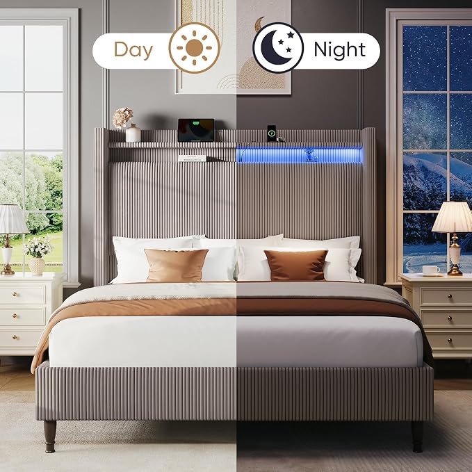 Queen Bed Frame with Tall Headboard, 55.3" Upholstered Platform Bed with LED Lights & Charging Station, Elegant Corduroy Bedframe, 2-tier Storage Wingback Headboard, No Box Spring Needed, Gray Brown