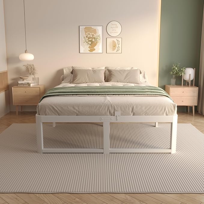 VYM 14 Inch King Bed Frame with Metal Gaskets, No Box Spring Needed, Heavy Duty Steel Support 3500 LBS, DIY Headboard, Easy Assembly, Anti-Slip Mattress Stopper, Round Corner Leg, White