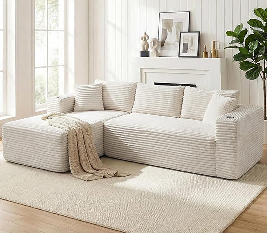 Vongrasig 103" Boneless Sectional Couches for Living Room, L-Shaped Chaise Modular Cloud Couch with Cup Holders on Armrests, Plush Corduroy Comfy Sofa with Memory Foam, No Assembly Required (Beige)