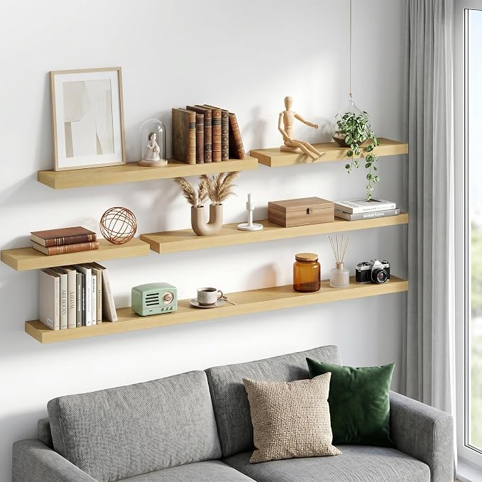 Fun Memories 55 Inch Floating Shelves - Fireplace Mantel Shelf - Deep Wall Mounted Wood Storage Shelf for Bedroom, Kitchen, Farmhouse - 1 Pack, Oak