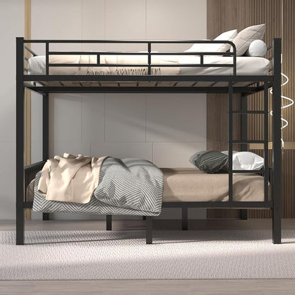 Mixcous Queen Over Queen Bunk Bed, Heavy-Duty Bed Frame with Safety Guardrails, Built-in PVC Rubber Cover Anti-Slip Ladder, Metal Bunk Bed, Noise Reduced, Black