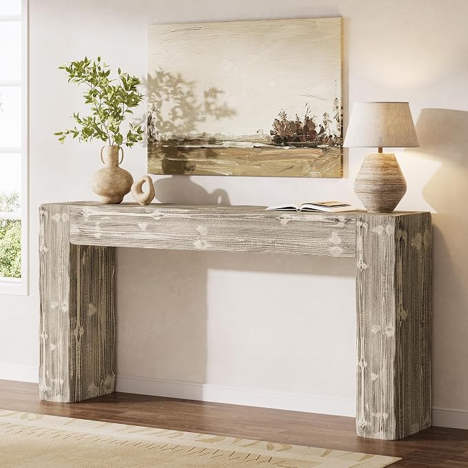 Solid Wood Console Table, 63-Inch Farmhouse Sofa Table Behind Couch for Entryway, Living Room, Foyer, Easy Assembly (Weathered Gray)