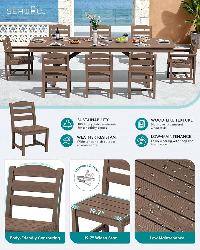 SERWALL 10 Piece 84" HDPE Outdoor Dining Set for 8 with 6 Armless Chair, 2 Armchairs and Umbrella, Brown