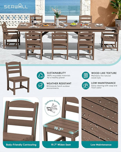 SERWALL 10 Piece 84" HDPE Outdoor Dining Set for 8 with 6 Armless Chair, 2 Armchairs and Umbrella, Brown