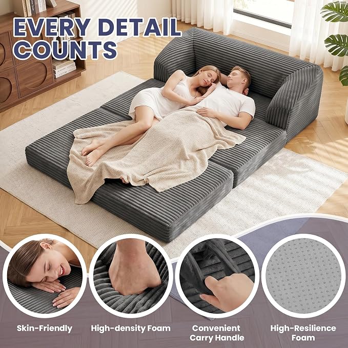 JUIKURY Convertible Sofa Bed, 3-in-1 Foldable Loveseat Couch with Armrest, Corduroy Floor Sofa & Sleeper Bed, No Assembly High-Density Foam Futon Mattress for Living Room, Small Apartment, Dorm