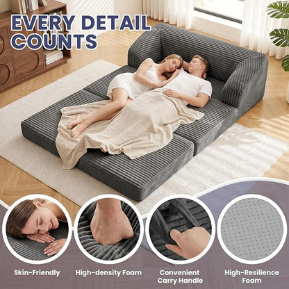 JUIKURY Convertible Sofa Bed, 3-in-1 Foldable Loveseat Couch with Armrest, Corduroy Floor Sofa & Sleeper Bed, No Assembly High-Density Foam Futon Mattress for Living Room, Small Apartment, Dorm