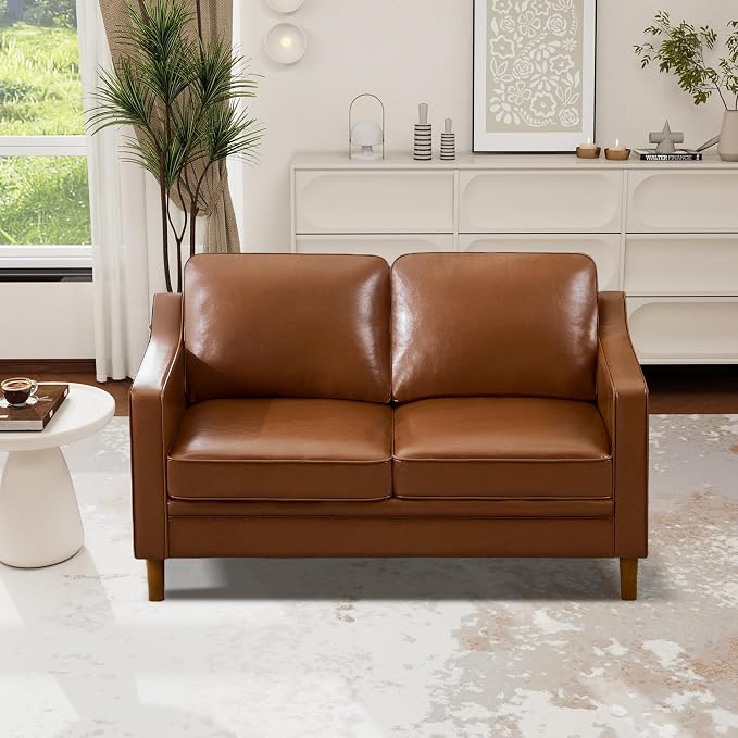 Kingfun 60" Faux Leather Sofa, Loveseat Couch, Mid Century Modern Love Seat Couches with Solid Wood Frame for Living Room Bedroom