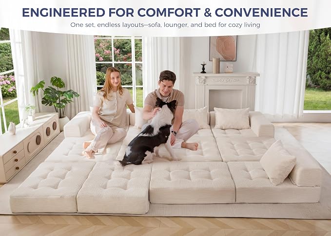 MAXYOYO Modular Sectional Sofa Couch, Foldable U Shaped Cloud Couch with Pillows, Tufted 6-Seat Boneless Lounger Sofa for Living Room, No Assembly Required, Beige