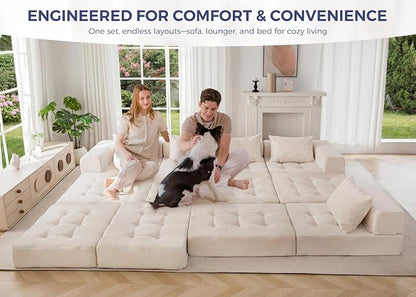 MAXYOYO Modular Sectional Sofa Couch, Foldable U Shaped Cloud Couch with Pillows, Tufted 6-Seat Boneless Lounger Sofa for Living Room, No Assembly Required, Beige