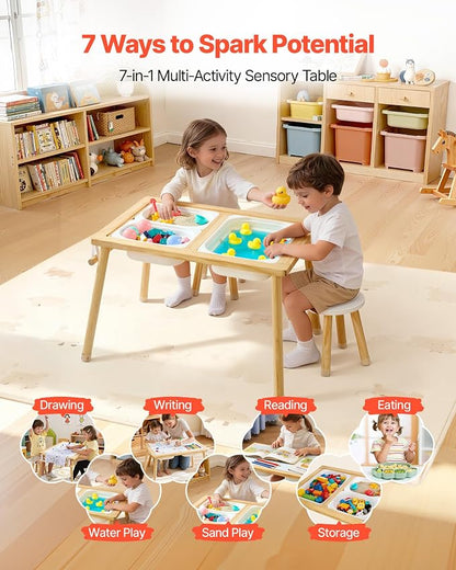 VEVOR Sensory Table for Toddlers, Wooden Kids Activity Table with 2 Stools, Double-Sided Board, Storage Bins, and Non-Slip Feet, for Boys and Girls Playing Sand and Water, Drawing, Studying, Dining