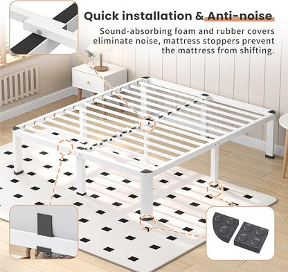 VIPSHOW 20 Inch White Queen Heavy Duty 3500 lbs Bed Frame with Round-Corner Legs & Anti-Squeak Design – Quick Assembly Metal Platform, No Box Spring Needed