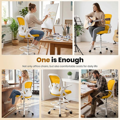 Primy Drafting Chair Tall Office Chair with Flip-up Armrests Executive Ergonomic Computer Standing Desk Chair with Lumbar Support and Adjustable Footrest Ring (Mustard)