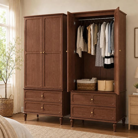 HLR 71" Mid-Century Modern Armoire Wardrobe Closet with Doors and Drawers,Wooden Armoire Storage Cabinet with Hanging Rod for Bedroom,Large Capacity Storage,Brown