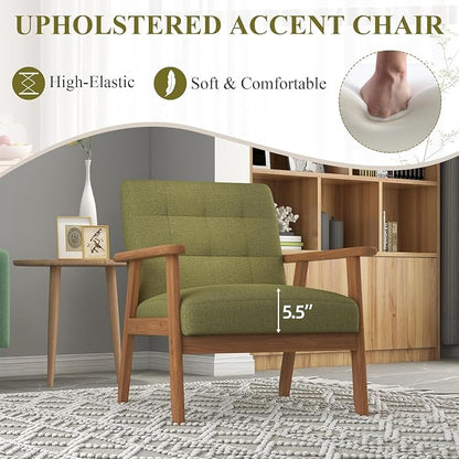 Westice Accent Chair 1PC, Mid-Century Modern Living Room Chairs with Solid Wood Frame & Soft Thicken Cushion, Upholstered Reading Arm Chair for Bedroom, Balcony, Green Linen Fabric & Natural Legs