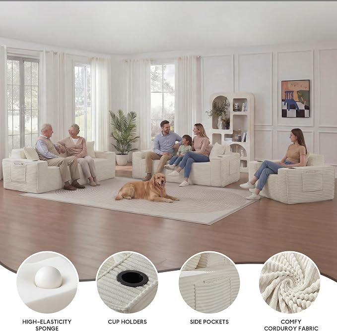 Boneless Sectional Sofa 3 Piece Set with Cup Holders & Side Pockets, Luxury Corduroy Fabric Deep Seat Cloud Couch Living Room, Office, No Assembly (White)