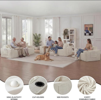 Boneless Sectional Sofa 3 Piece Set with Cup Holders & Side Pockets, Luxury Corduroy Fabric Deep Seat Cloud Couch Living Room, Office, No Assembly (White)