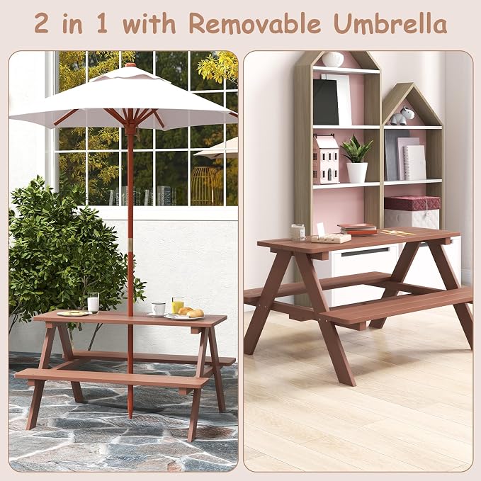 Costzon Kids Picnic Table, Wooden Childrens Table & Bench Set with Removable Umbrella, Kids Patio Furniture for Backyard, Garden, Kids Table and Chair Set for Outdoors (Natural)