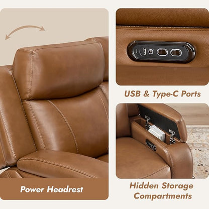 Watson & Whitely Genuine Leather Power Recliner Sofa, 3 Seater Zero Gravity Reclining Couch with Power Headrest & Flip Middle Backrest Table, Hidden Storage, Cup Holders for Living Room, Saddle Brown