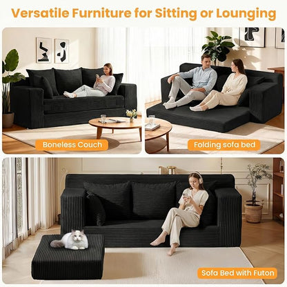 Convertible Sofa Bed, Pull Out 3 Seater Sleeper Sofa, 70" Black Boneless Couch Fold Out Floor Couch with 5 Pillows for Living Room Bedroom Lounge Small Space