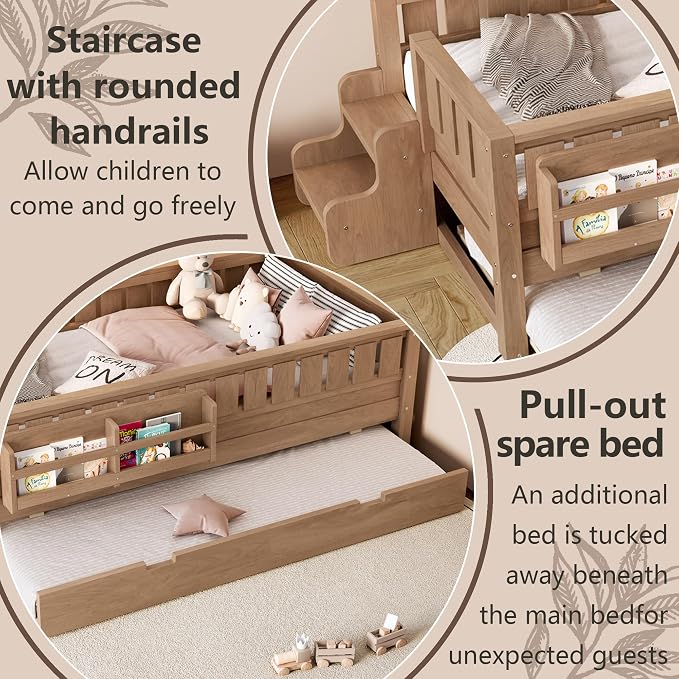 Bellemave Twin Kids Montessori Bed with Stairs, Bookshelf and Trundle, Solid Wood Kids Bed Frame with Storage for Boys Girls, Low Profile,Natural