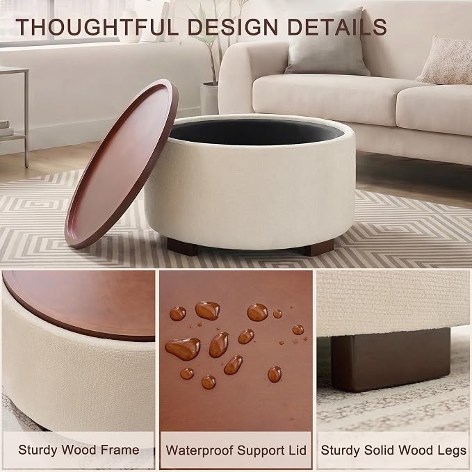 29.1 Inch Round Ottoman Coffee Table, Ottoman with Storage, Boucle Beige | Storage Ottoman with Removable Lid Top, Solid Wood Legs, Round Ottoman for Living Room, Bedroom, Apartments