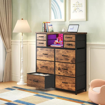 Romorgniz Dresser for Bedroom with LED Lights & Power Outlets 2 AC & 2 USB, Fabric 10 Drawer Dressers & Chest of Drawers with Open Shelves for Hallway Living Room, Metal Frame, Wood Top, Rustic Brown