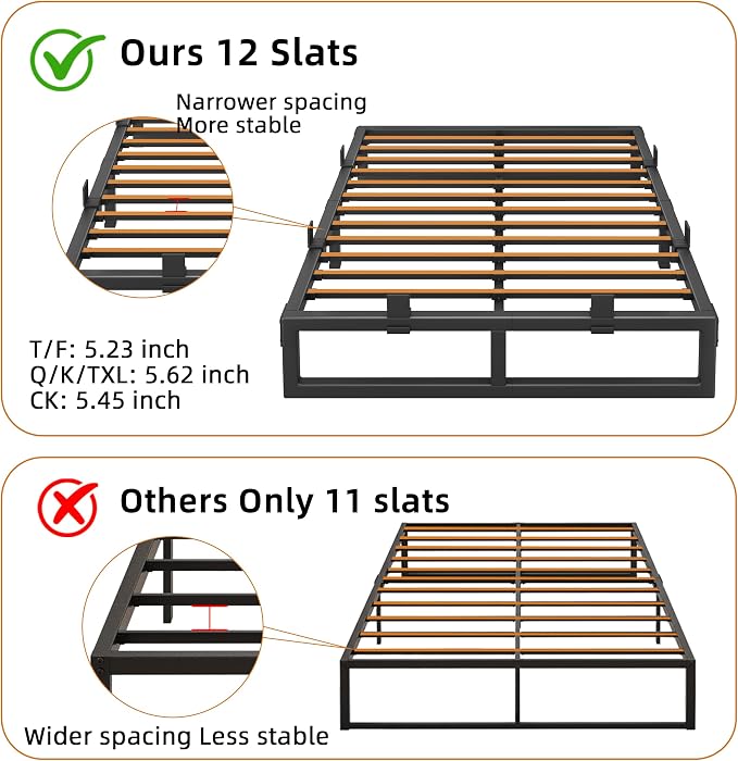 Queen Bed Frame, 6 Inch Metal Platform Bed Frames with Squeak Free U-Slot Design, 6 Non-Slip Guards, 3500lbs Heavy Duty Steel Slat Support, No Box Spring Needed, Under Bed Storage, Black