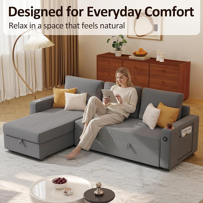 Ball & Cast 80" Sectional Sleeper Sofa Bed Pull Out Couches for Living Room | L Shaped Convertible Pull Out Sofa Bed with Storage Chaise, Foldable Table, USB Port, Cup Holder, Side Pocket for Small Space