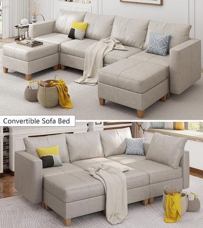 EASE MOOSE Modular Sectional Sofa with Storage, Faux Leather Sectional, Leather Couches for Living Room,Whitesand