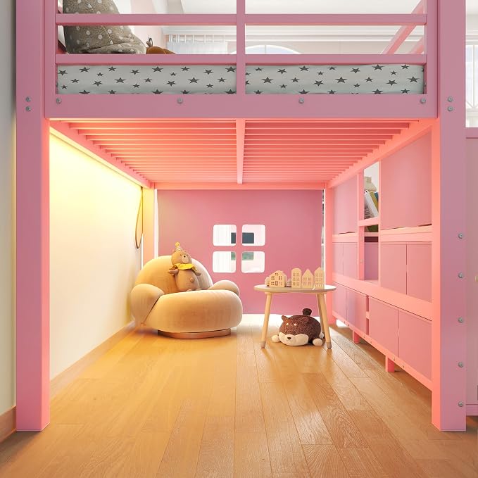 Bellemave Twin Size Low Loft Bed with 8 Fabric Storage Drawers,Metal Loft Bed Frame with Shelves and LED Lights for Boys Girls,Kids Loft Bed Twin Size,Pink