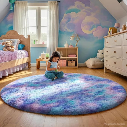 Ophanie Round Rugs 5Ft Tie-Dye Rainbow Purple Area Rug,Aesthetic Room Decor,Fluffy Fuzzy Bedroom Carpet,Plush Soft Shaggy Colorful Living Room Rugs for Kids Home,Nursery with Over 99 pcs Pile fibers
