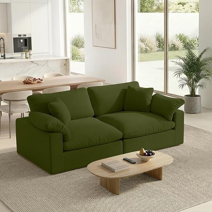Modular Sectional Sofa Cloud Couch,78.6" Down Filled Comfy Cloud Modern Sofa,2 Seater with Green Linen Couch Cushion Covers Removable Furniture for Living Room