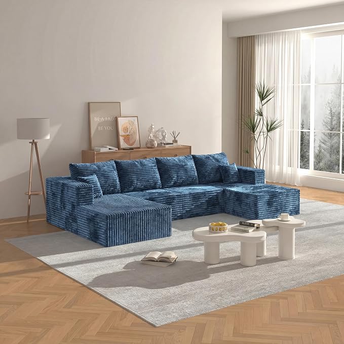 138" Modern Modular Sectional Sofa, U-Shaped Cloud Couch, Soft Corduroy Boneless Couch with 3060 High Rebound Memory Foam, Sectional Couches for Living Room-Blue(Left Facing Chaise)