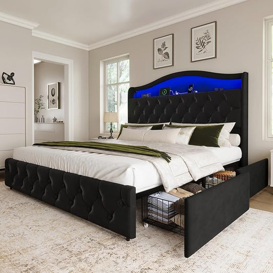 Queen Size Bed Frame and Headboard & 4 Storage Drawers, Upholstered Platform Bed Frame with RGB LED Lights & Charging Station, No Box Spring Needed, Easy Assembly, Noise-Free, Black