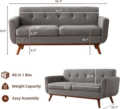 Kingfun 65.2" W Loveseat Sofa, Mid Century Modern Decor Love Seat Couches for Living Room, Button Tufted Upholstered Furniture, Solid & Easy to Install Small Couch for Bedroom Office Apartment, Grey