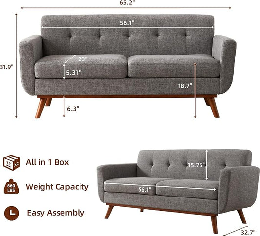 Kingfun 65.2" W Loveseat Sofa, Mid Century Modern Decor Love Seat Couches for Living Room, Button Tufted Upholstered Furniture, Solid & Easy to Install Small Couch for Bedroom Office Apartment, Grey