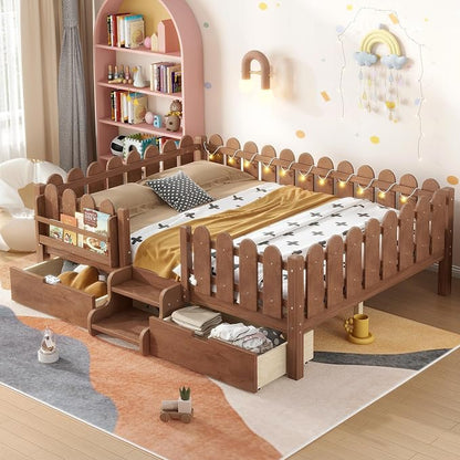 Bellemave Queen Size Montessori Bed with Stairs, Lights, Rails and Slats, Queen Size Montessori Floor Bed with Bookshelf and 2 Storage Drawers, Easy Assemble Beds Frame for Girls, Boys, Natural