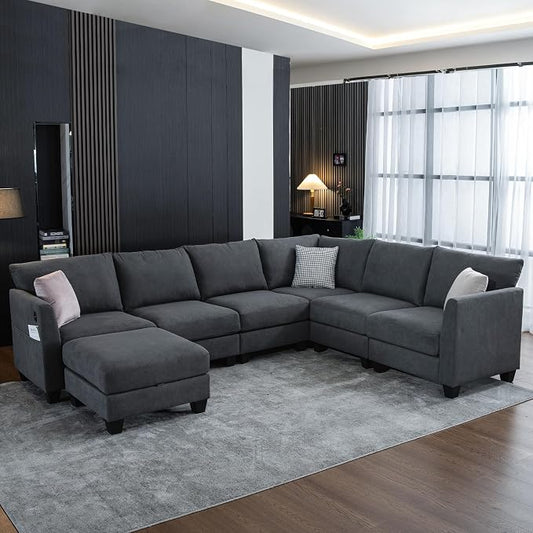 122.8" Large Sectional Couches for Living Room, 6 Seater L Shaped Modular Sectional Sofa with Storage Ottoman & USB, Oversized Corner Couch for Living Room（Grey）