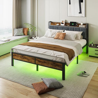 ALBERTO Queen Size Bed Frame with LED Lights, Upholstered Headboard with Storage and Charging Station, Metal Platform with Slats, No Box Spring Needed, Easy Assembly