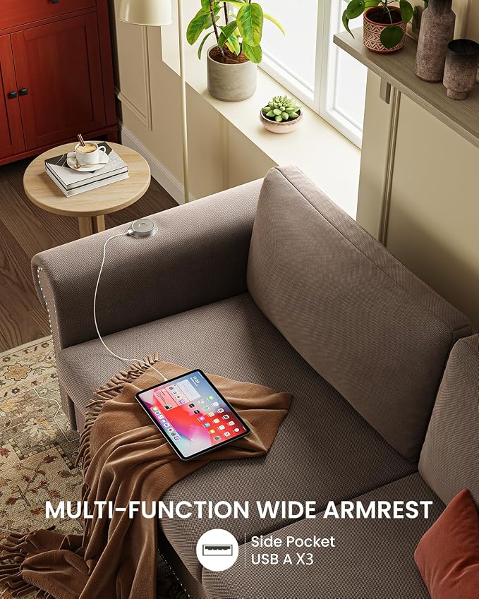 Queen Pull Out Sofa Bed | 83" Large Sleeper Sofa with Queen Size Mattress | 2-in-1 Convertible Loveseat Sofa-Bed with USB Ports Side Pockets Brown