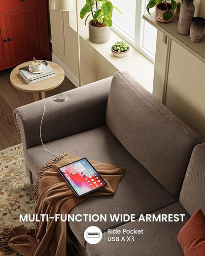 Queen Pull Out Sofa Bed | 83" Large Sleeper Sofa with Queen Size Mattress | 2-in-1 Convertible Loveseat Sofa-Bed with USB Ports Side Pockets Brown